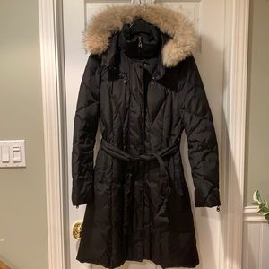 Marc New York Belted Down Coat with Real Fur Trimmed Hood